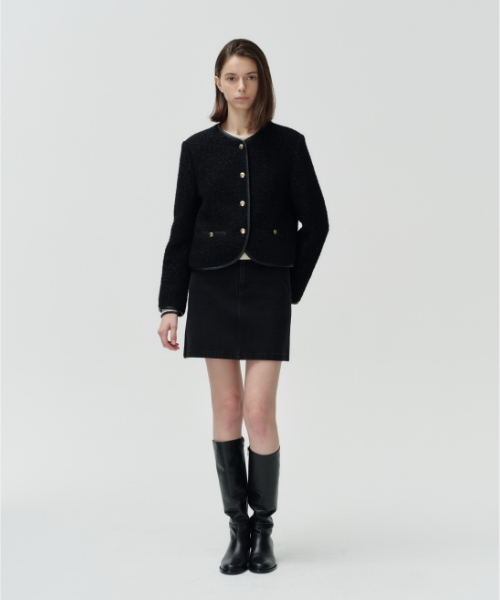 Кожаная куртка без воротника с кантом [Black]