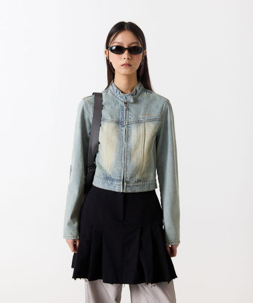 Укороченная байкерская джинсовка с эффектом стирки - LIGHT BLUE