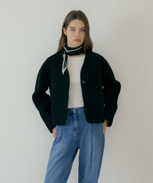 V NECK SHORT COAT- Black