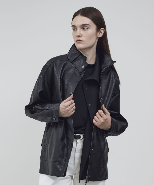 BELTED HIGH NECK LEATHER JUMPER- BLACK