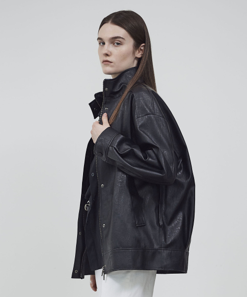 BELTED HIGH NECK LEATHER JUMPER- BLACK