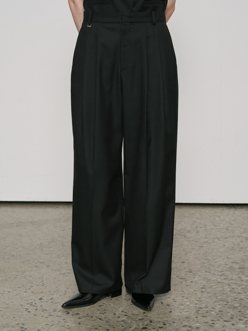 Wool Wide Pleated Trousers Black