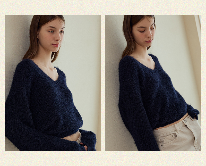 MUSINSA | NODUWOMEN Padded Hachi V-neck Knit [Navy]