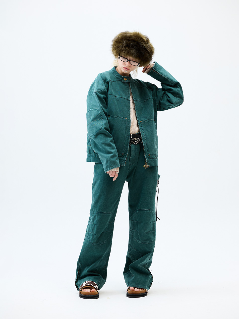 MUSINSA | CRITIC WORMHOLE RACING SET UP WORK PANTS GREEN
