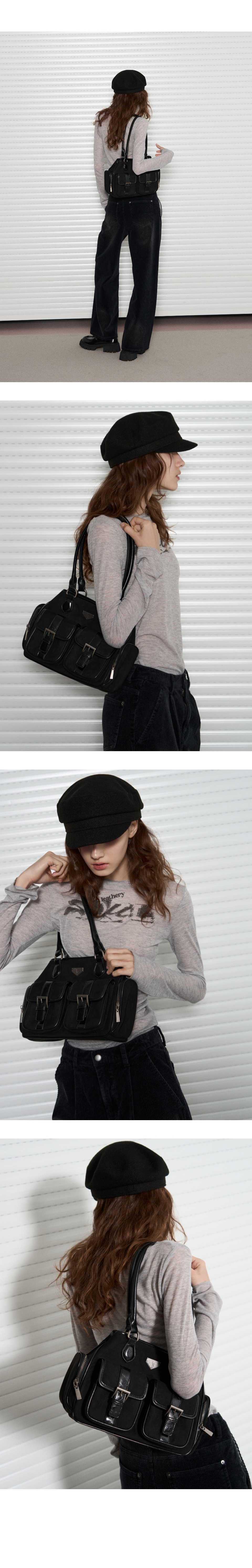 MUSINSA | LEATHERY Multi-pocket suede shoulder bag [BLACK]