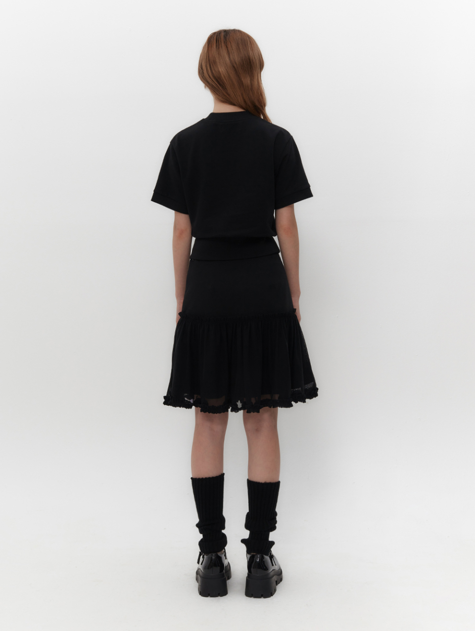 MUSINSA | TUOMIO MESH FRILL LAYERED SKIRT [BLACK]