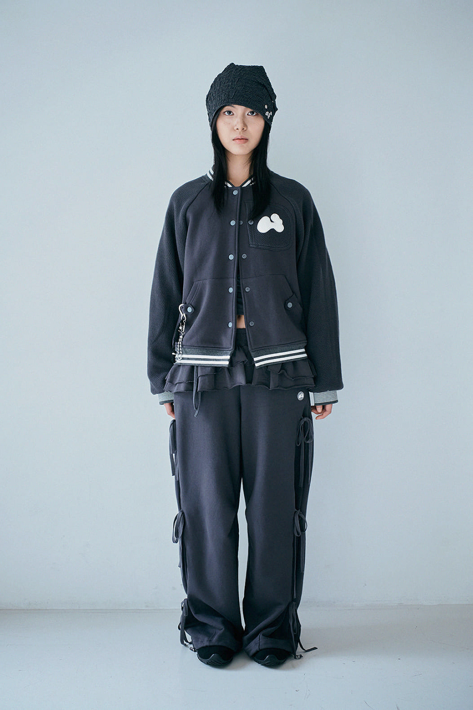 MUSINSA | HUG YOUR SKIN Patch Varsity Jacket (Charcoal)