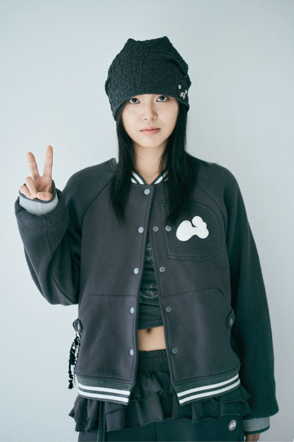 hugyourskin Patch varsity jacket ハグユアスキン MUSINSA | HUG YOUR SKIN Patch Varsity Jacket (Charcoal)