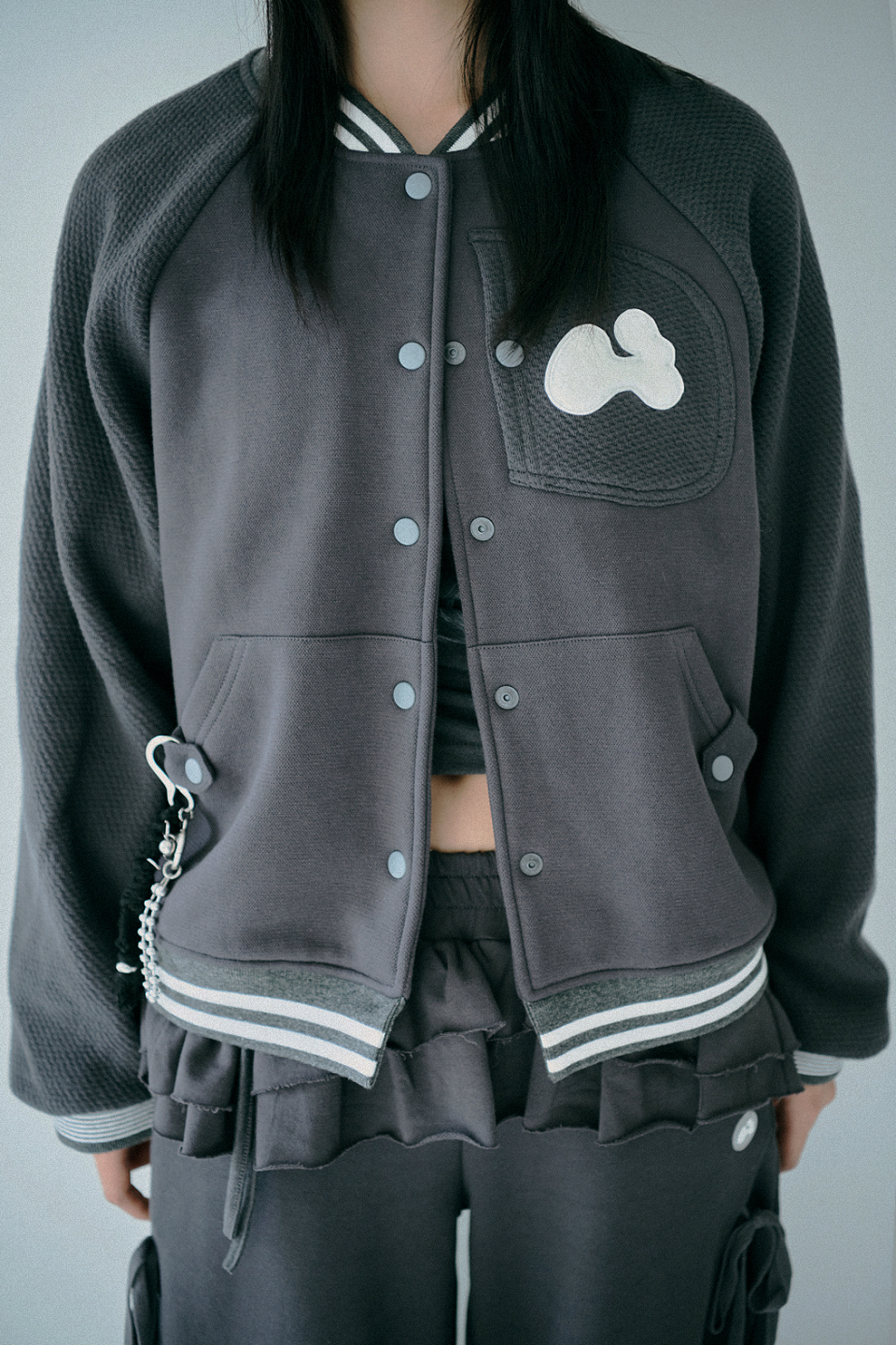 MUSINSA | HUG YOUR SKIN Patch Varsity Jacket (Charcoal)