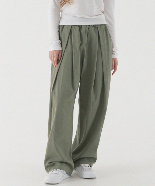 Широкие хлопковые брюки на резинке со складками (Light Khaki)