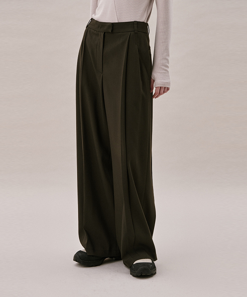 ITALIAN WOOL BLEND TUCKED PANTS_DARK KHAKI