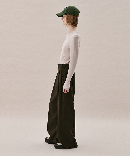 ITALIAN WOOL BLEND TUCKED PANTS_DARK KHAKI