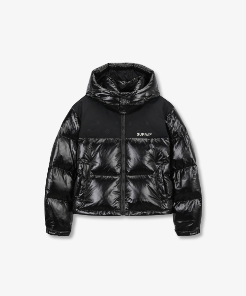 Женский короткий пуховик жаккард с контрастной отделкой (BLACK)