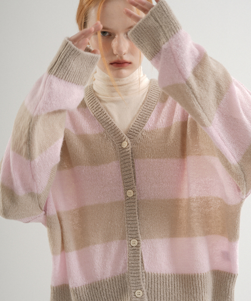Mohair Striped Knit Cardigan (Pink)