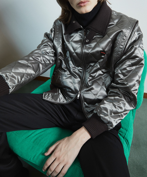 QUILTED BOMBER JACKET SATIN OLIVE GREEN