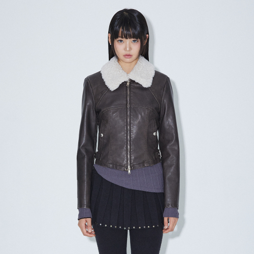 NECK FUR SLIM FAKE LEATHER JACKET DARK BROWN BQ4MJ002