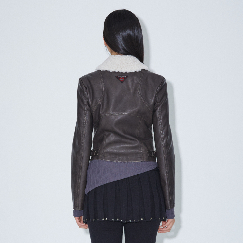 NECK FUR SLIM FAKE LEATHER JACKET DARK BROWN BQ4MJ002