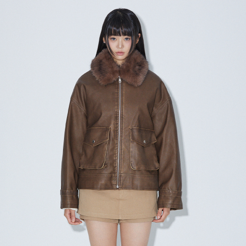 NECK FUR OVERSIZED FAKE LEATHER JACKET BROWN BQ4MJ001