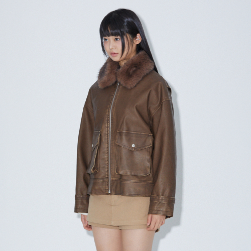 NECK FUR OVERSIZED FAKE LEATHER JACKET BROWN BQ4MJ001