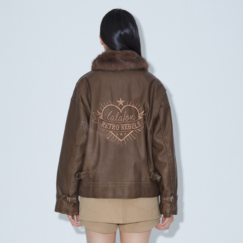 NECK FUR OVERSIZED FAKE LEATHER JACKET BROWN BQ4MJ001