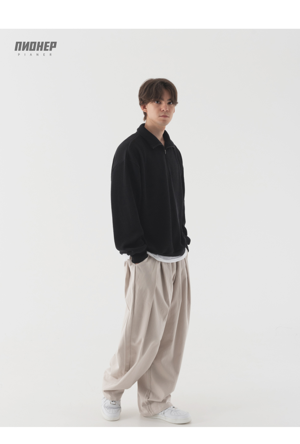 MUSINSA | PIANER Wide-banded cotton pants with pleats (beige)