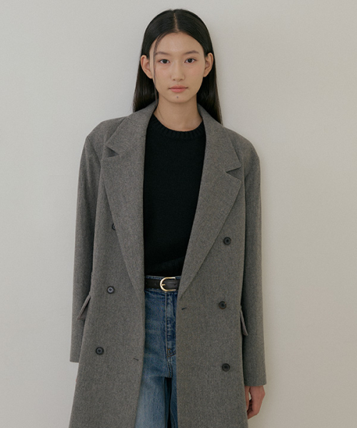 wool double long coat-gray