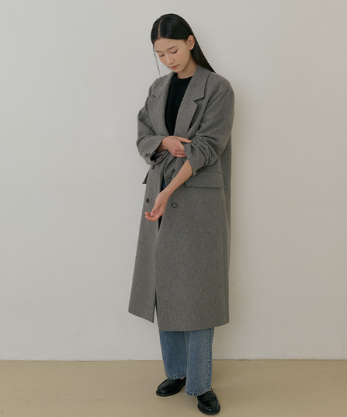 wool double long coat-gray
