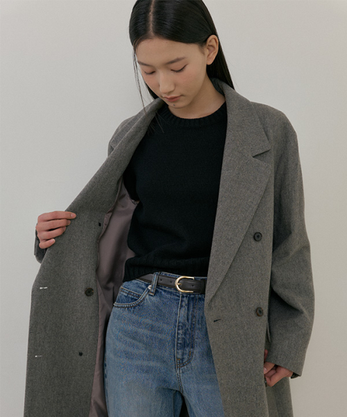 wool double long coat-gray