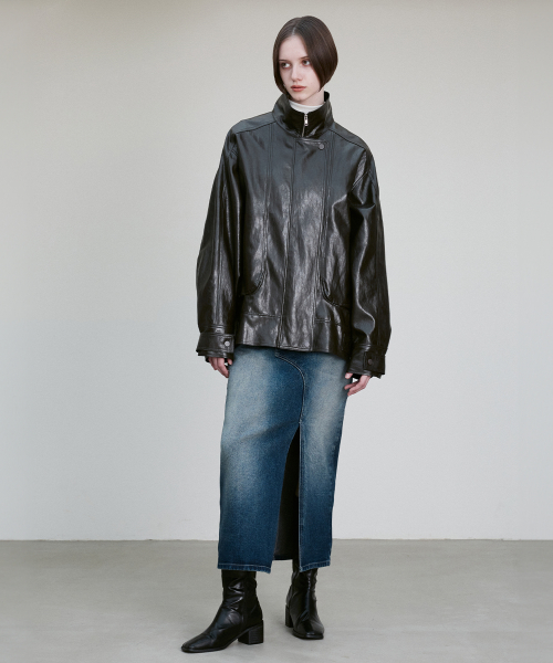 FUNNEL NECK VEGAN LEATHER JACKET