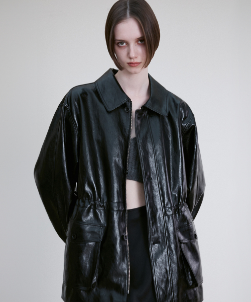 DRAWSTRING WAIST VEGAN LEATHER JACKET