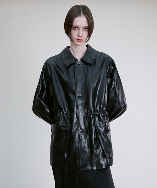 DRAWSTRING WAIST VEGAN LEATHER JACKET