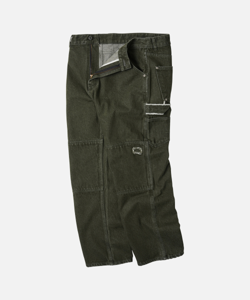 WASHED DENIM DOUBLE KNEE PANTS _ WASHED OLIVE
