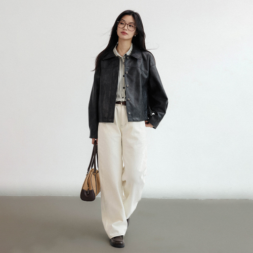LS_Crop simple leather jacket_2color