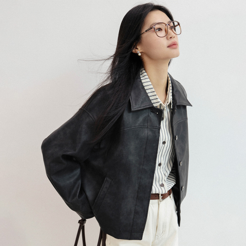 LS_Crop simple leather jacket_2color