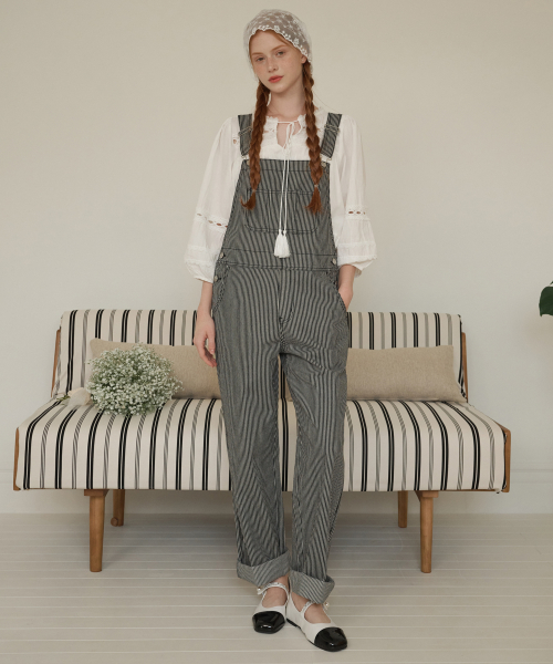 Stripe denim overalls Black