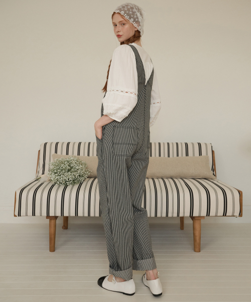 Stripe denim overalls Black