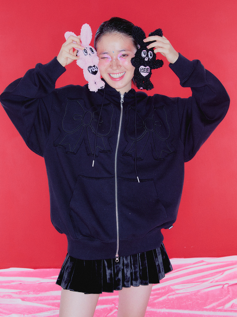 MUSINSA | YOUHEE YOUHEE RIBBON HOOD ZIP-UP CHARCOAL