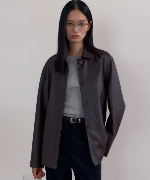 Minimal Stitch Faux Leather Jacket (Deep Brown)