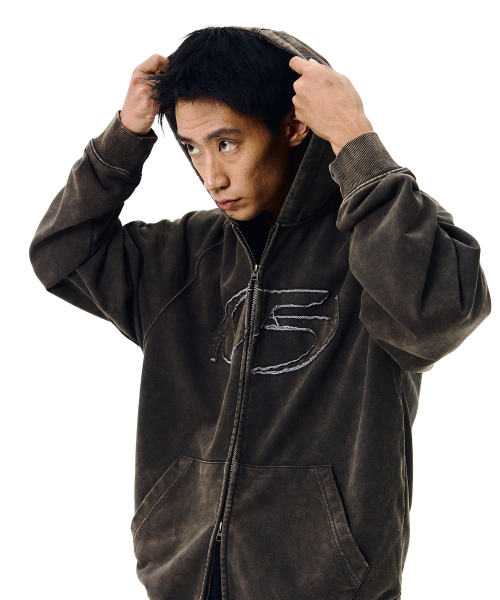 Symbol Stone Pigment Hood Zip Up-Charcoal