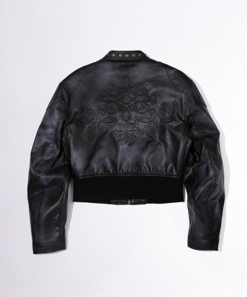 Emboss Faux Leather Bomber Black