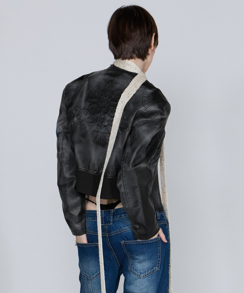 Emboss Faux Leather Bomber Black