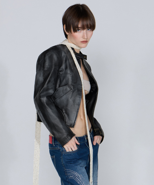 Emboss Faux Leather Bomber Black