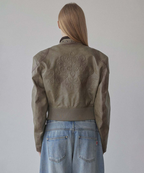 Emboss Faux Leather Bomber Sage