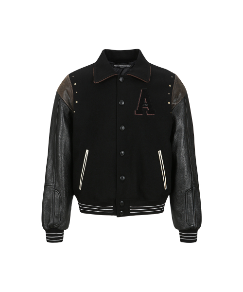 A с патчем шерстяной & кожаный varsity куртка awa691m(BLACK)