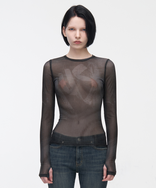 MUSINSA | YUSE MESH FULL PRINTED LONG SLEEVE T-SHIRT - BLACK