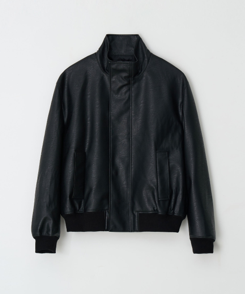 Кожаная куртка-бомбер с высоким воротником (Black)