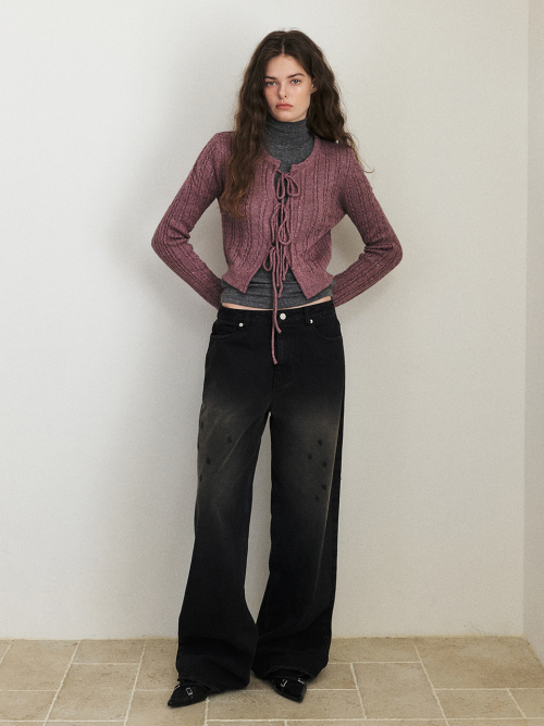 Cable Ribbon Knit Cardigan, Purple