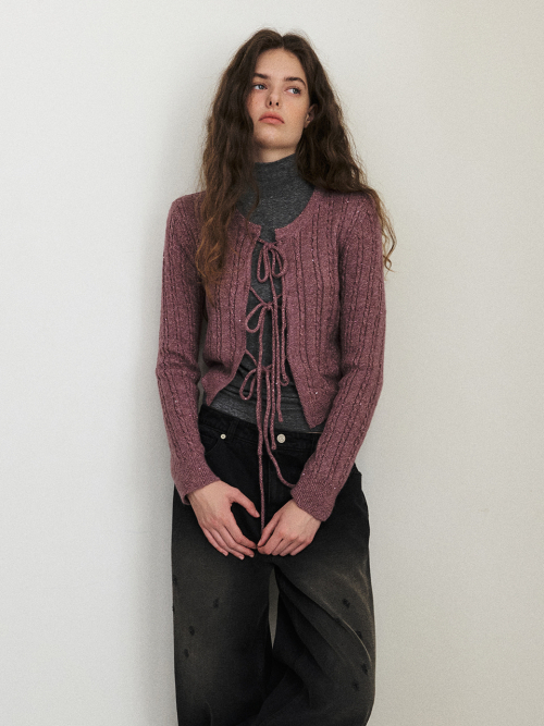 Cable Ribbon Knit Cardigan, Purple