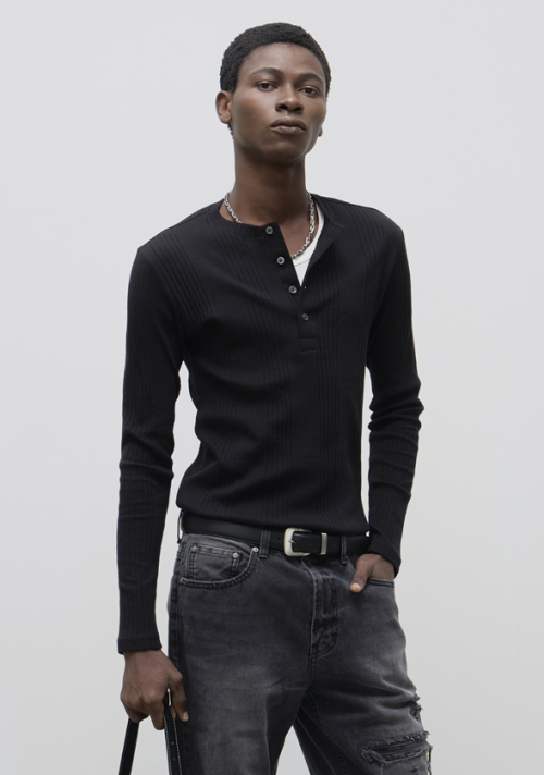 Slim Fit Henley вырез Jersey длинный рукав - черный