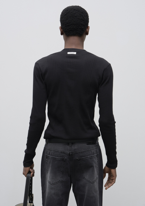 Slim Fit Henley вырез Jersey длинный рукав - черный